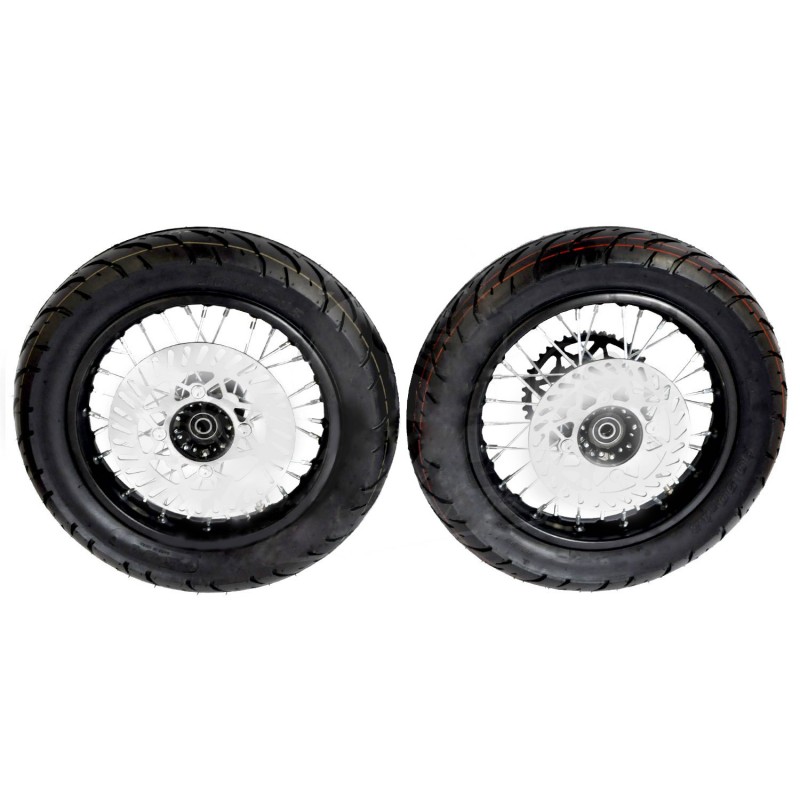 Pack de Roue Supermotard rayons 12"/12" Acier (axe 15mm)