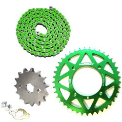 Pack Chaine YCF + Couronne CNC Vert + Pignon pour Dirt Bike, Pit Bike.