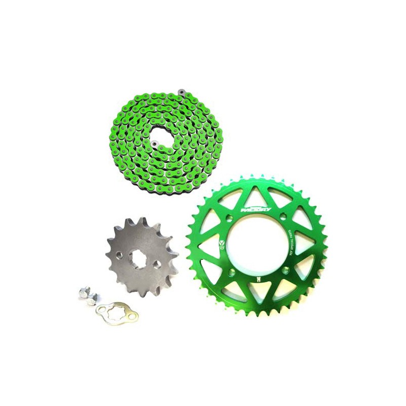Pack Chaine YCF + Couronne CNC Vert + Pignon pour Dirt Bike, Pit Bike.
