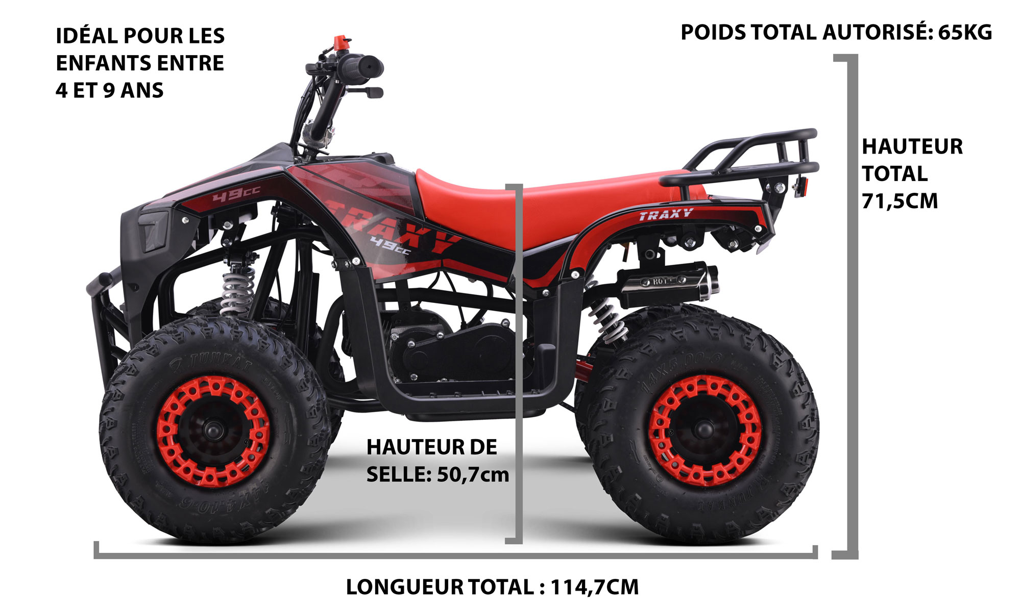 Hauteur de selle de 50,7cm - Idéal pour les enfants à partir de 4 ans et jusqu'à 9 ans