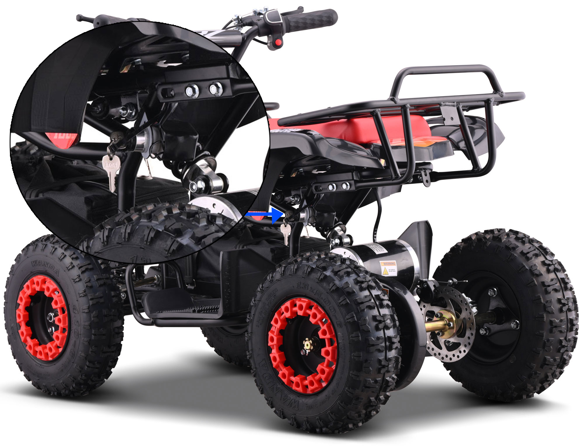 3 positions de vitesses (10km/h, 15km/h, 30km/h) + clé de demarrage